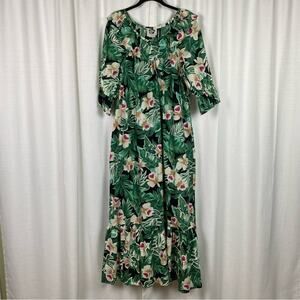 Hilo Hattie Vintage Green Tropical Print Ruffle Maxi Dress Sz.M